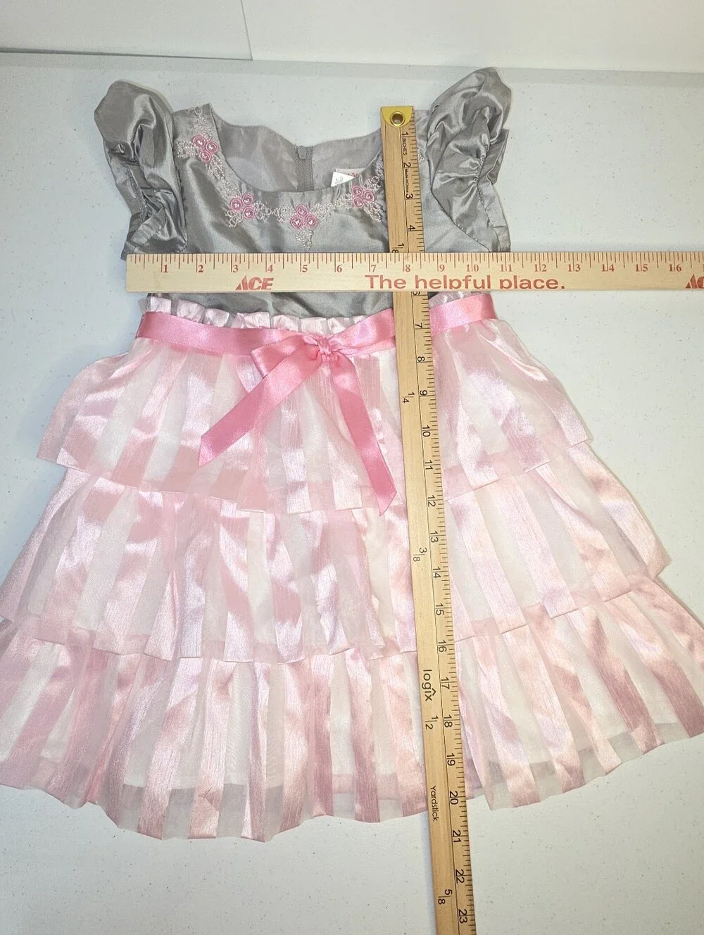 American Girl Bitty Baby Girl Twirly Tiered Dress Gray Pink Size 3 Toddler